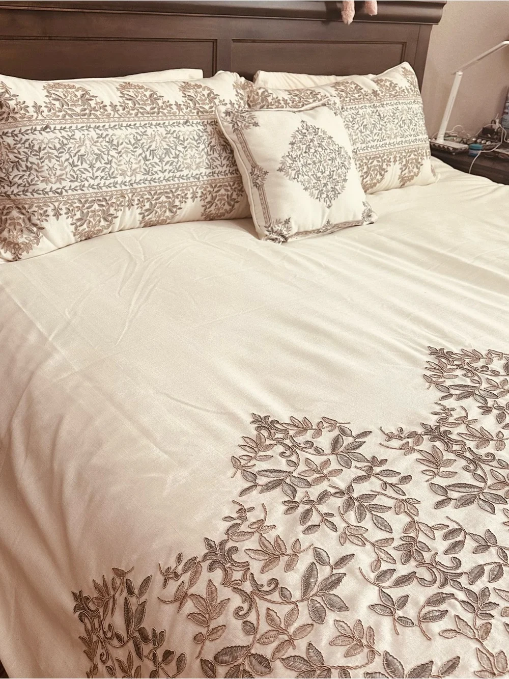 Cream Embroidered Leaf Comforter Set - Elegant Neutral Bedding